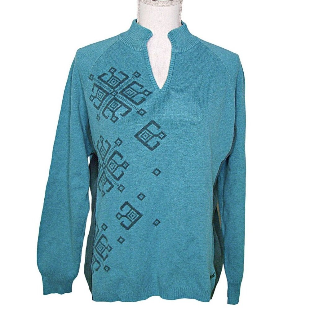 Vintage Womens Woolrich Atlantic Cotton Turquoise Snowflake V Neck Sweater Sz M
